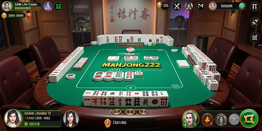 Screenshot dari gameplay MAHJONG222, menunjukkan dealer langsung dan interaksi pemain.