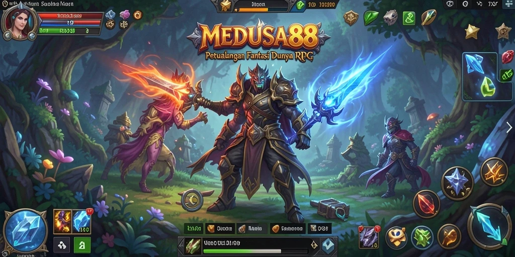 Screenshot utama MEDUSA88 menunjukkan karakter bertarung melawan monster epik dalam RPG.